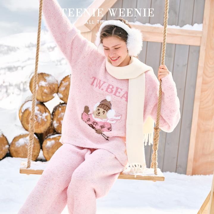 Teenie Weenie秋冬可外穿保暖加绒家居服修身舒适半边绒睡衣套装