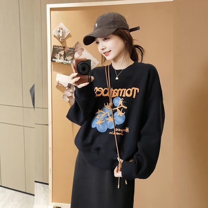 时尚刺绣双面绒卫衣2025秋季大码胖MM小番茄印花宽松套头长袖上衣