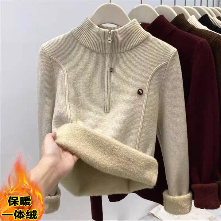 加绒加厚一体绒 拉链m半高领针织打底衫毛衣女秋冬高级感保暖内搭