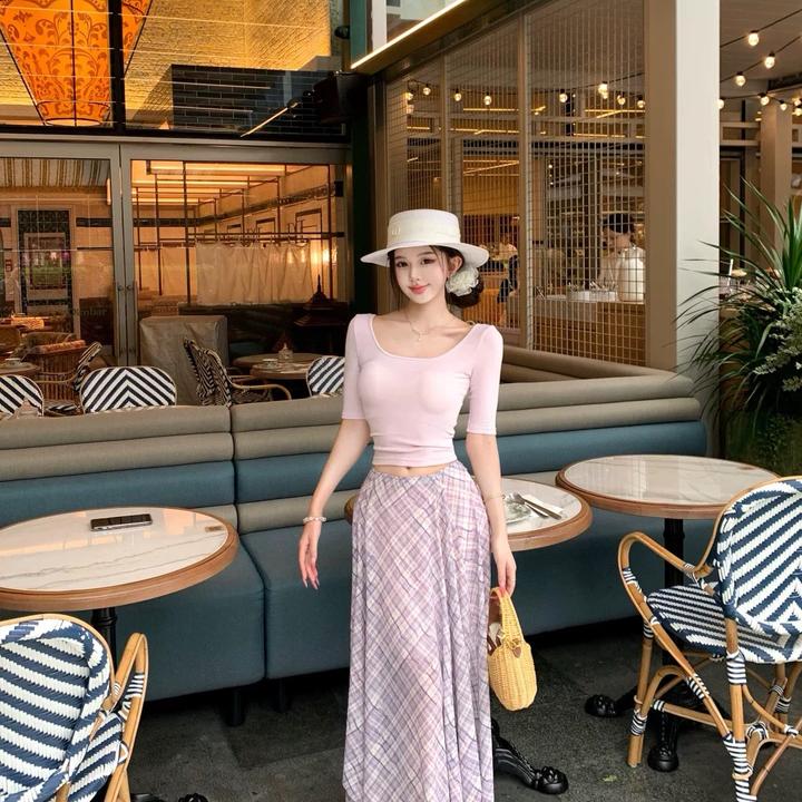 纯欲套装女夏浪漫紫色圆领中袖上衣高腰格子不规则半身长裙两件套