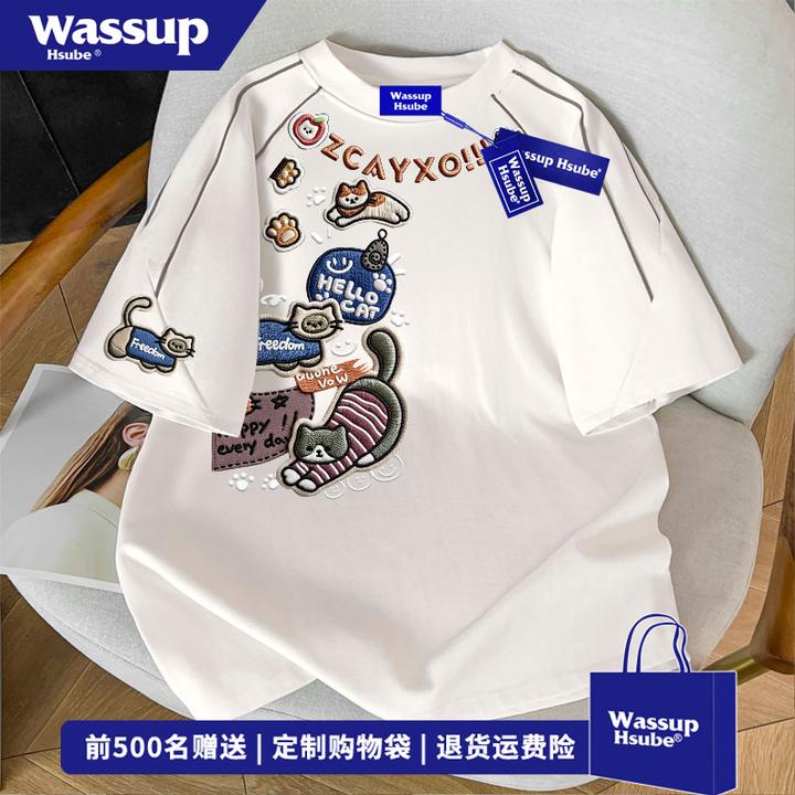 WASSUP HSUBE 嘻哈风趣味仿刺绣字母印花短袖男夏季休闲百搭上衣