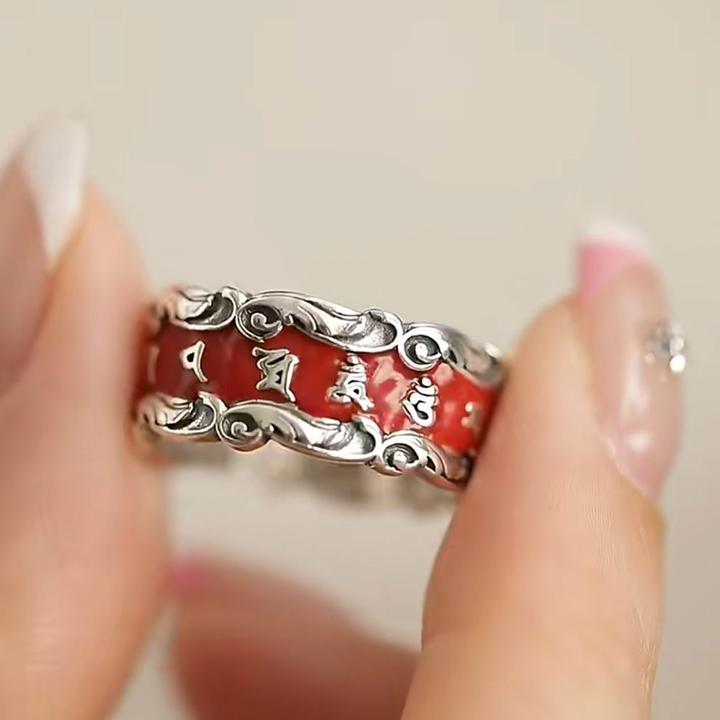 饰品六字真言心经戒指女小众轻奢珐琅卷草纹开口指环时尚简约百搭