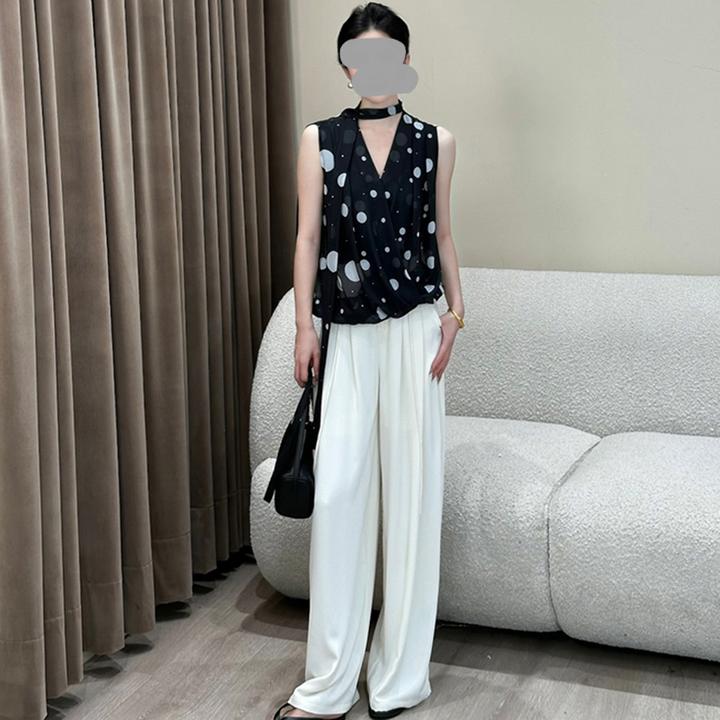 法式高级感纯欲性感风印花无袖2025夏季高腰直筒阔腿休闲裤女套装