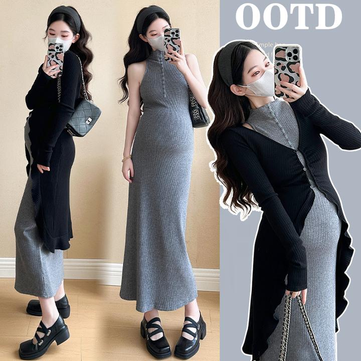 孕妇连衣裙春秋季高级感新中式赫本风开衫开叉包臀中长款气质春装