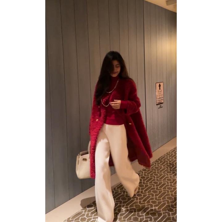 N.COU妮蔻25冬新款轻奢时髦气质红色100绵羊毛长款外套DY22000