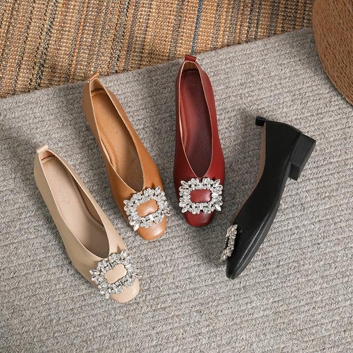 真皮水钻V口低跟鞋百搭舒适浅口夏季单鞋软底大码粗跟女鞋新款