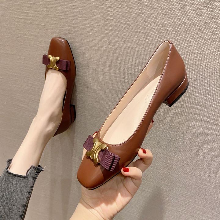 2025新款凯旋门金属扣方头鞋结平底低跟女鞋小香风气质单鞋女