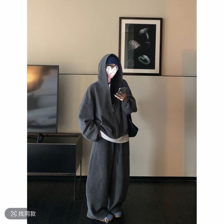 奥粒绒加厚加绒卫衣套装女秋冬季慵懒松弛感宽松休闲阔腿裤两件套