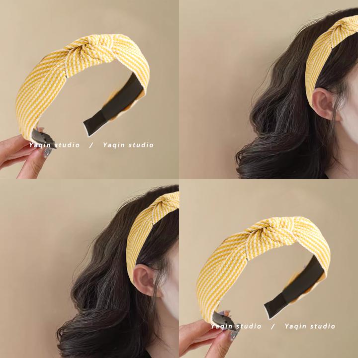 奶酪格纹~黄色简约交叉格子发箍女宽版压边打结头箍束发头带头饰