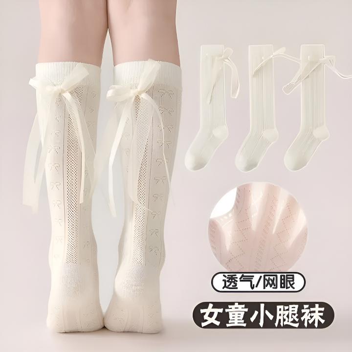 女童长筒袜夏薄款蝴蝶结网眼小腿袜儿童洛丽塔公主袜宝宝高筒袜LX