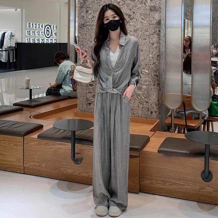 冰丝休闲运动套装女2025夏季新款洋气显瘦防晒短袖衬衫阔腿裤套装