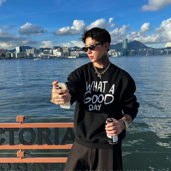 OXFREAK「撞色字母绣花」500g重磅圆领卫衣男短款宽松情侣装长袖