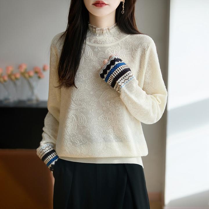 25年秋冬新款复古精仿半高领针织衫长袖提花拼色打底衫上衣