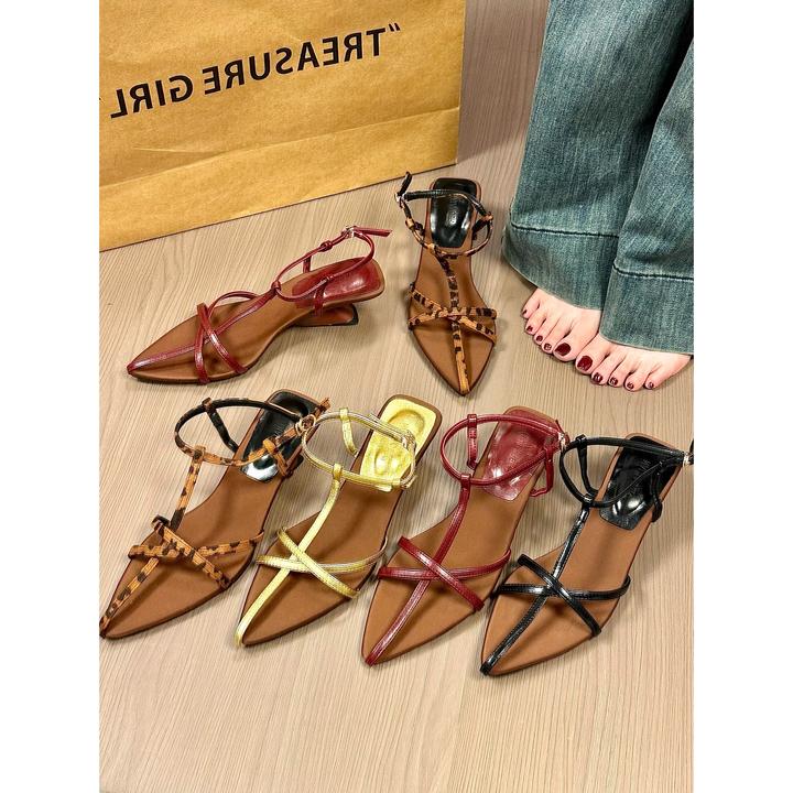 美拉德辣妹！时髦尖头交叉一字带坡跟凉鞋女2025春夏季复古高跟鞋