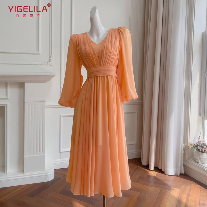 度假名媛优雅风拼接连衣裙高腰显瘦灯笼长袖领雪纺气质橘色长裙