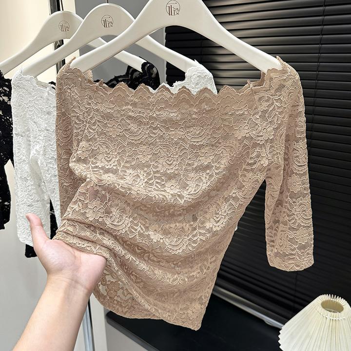 纯欲一字领露锁骨上衣秋季时尚外穿短袖打底衫气质纯色网纱蕾丝衫