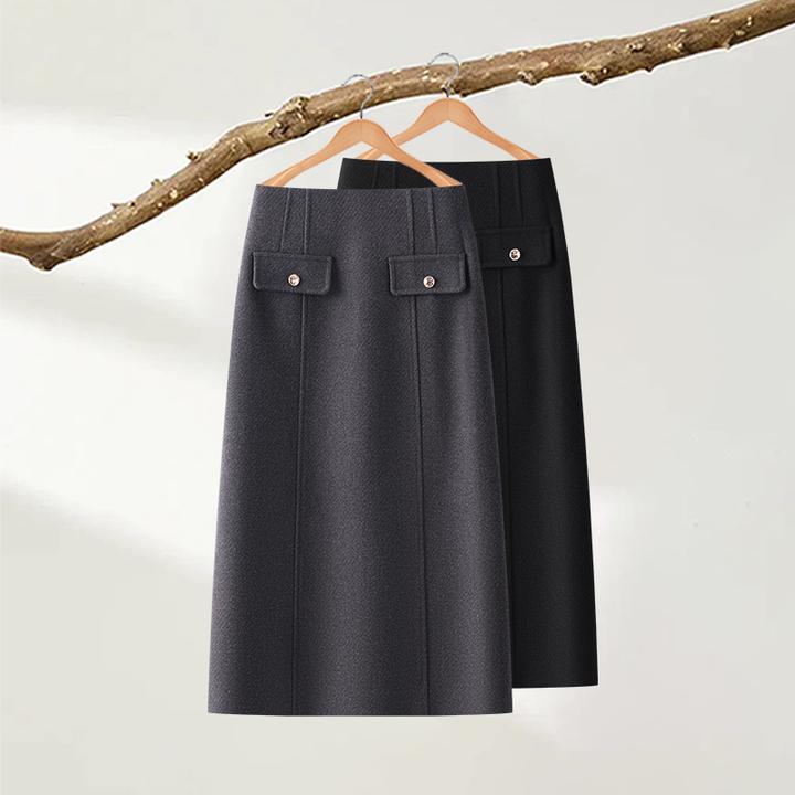 拉夏贝尔灰色毛呢半身裙女秋2025年新款气质高腰开叉呢子包臀裙子