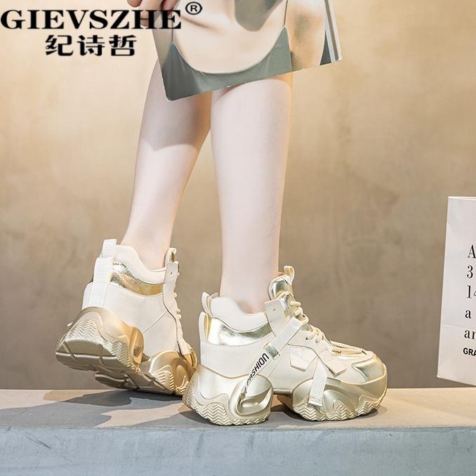 纪诗哲真皮百搭老爹鞋女夏季新款厚底内增高轻便运动鞋休闲鞋女款