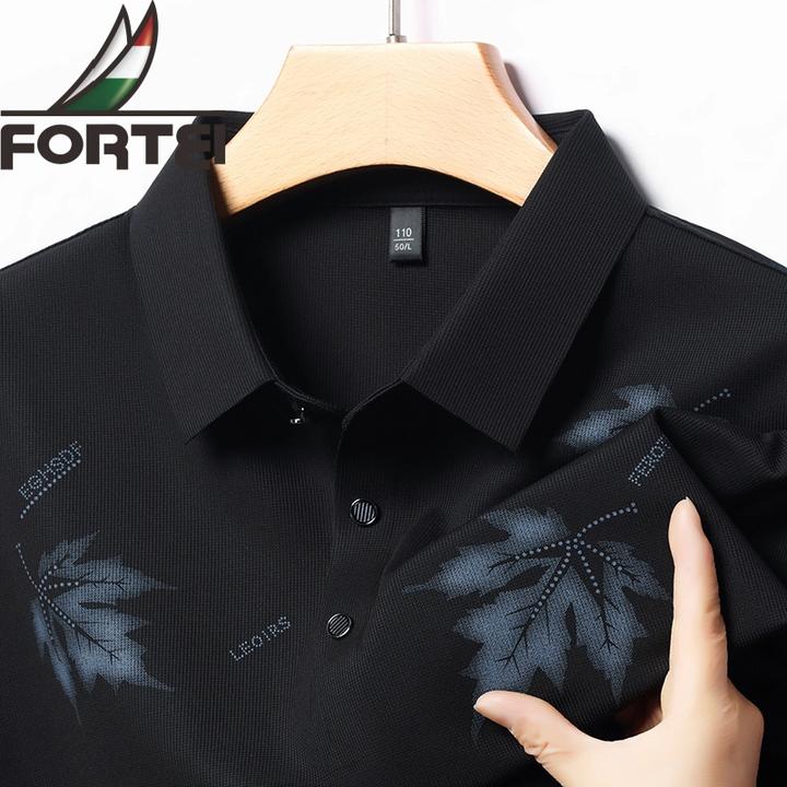 FORTEI/富鋌短袖夏季黑色POLO衫薄款植物花卉常规Polo衫印花半袖
