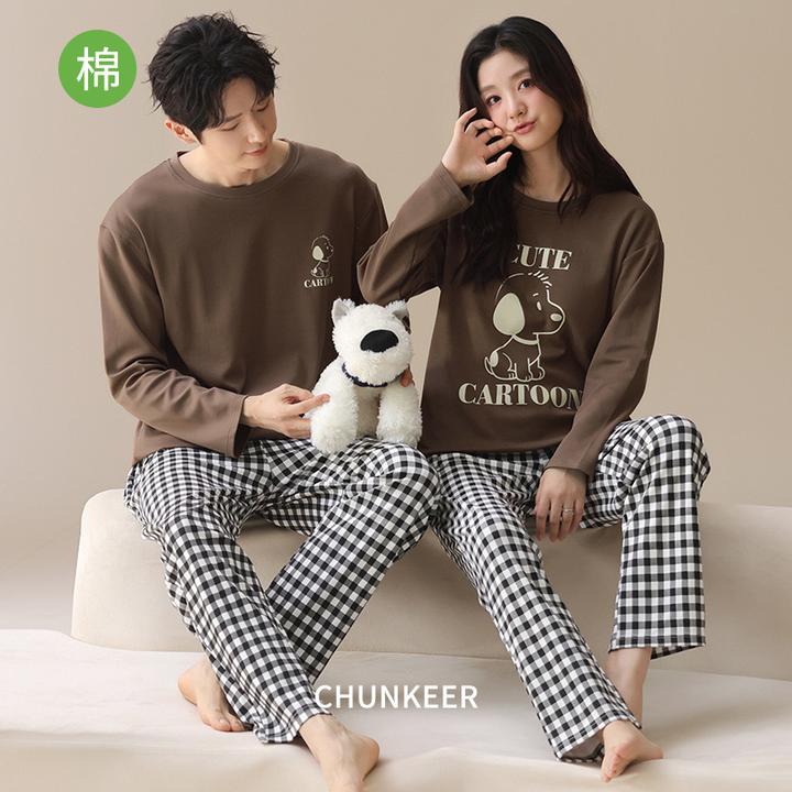 睡衣女春秋季格子卡通纯棉长袖宽松休闲男士家居服可外穿情侣睡衣