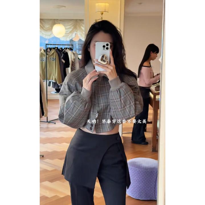 2025春季新款高级感时尚设计格纹百搭短外套高腰垂感休闲阔腿裤女