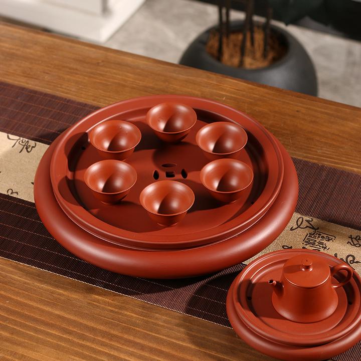 潮州工夫茶盘储水式红泥纯手工手拉茶盘圆形朱泥茶具双层蓄水茶台