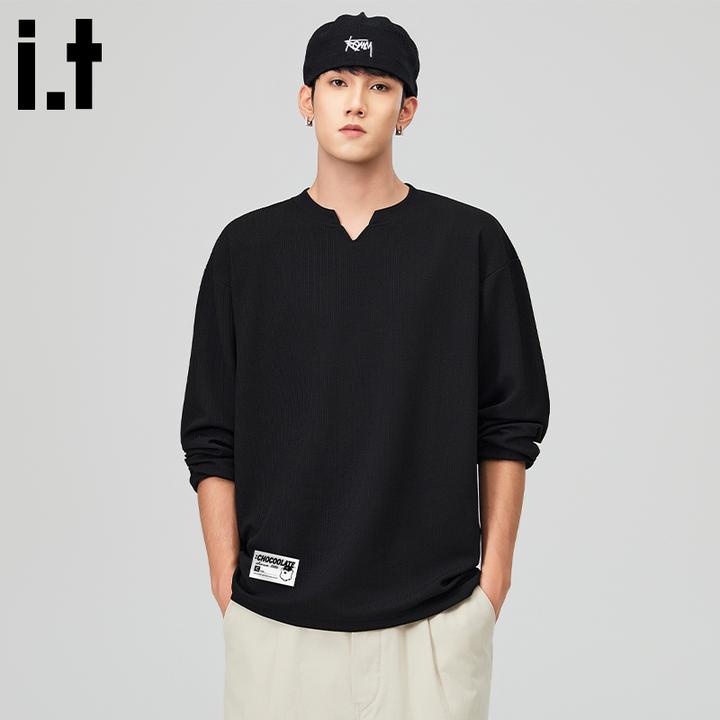 i.t:CHOCOOLATE潮流长袖t恤男士日系复古宽松休闲设计感t领打底衫