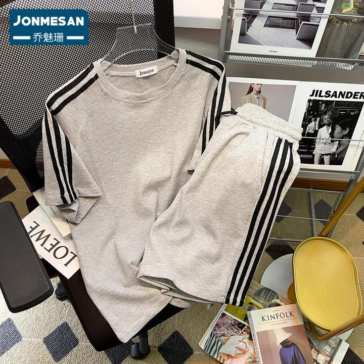 华夫格运动休闲套装男夏季情侣潮流条纹宽松短袖t恤短裤两件套