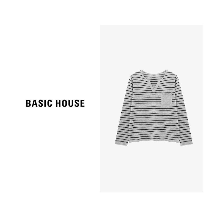 Basic House/百家好秋季新款简约气质V领条纹针织衫-B0625B5KTQ2