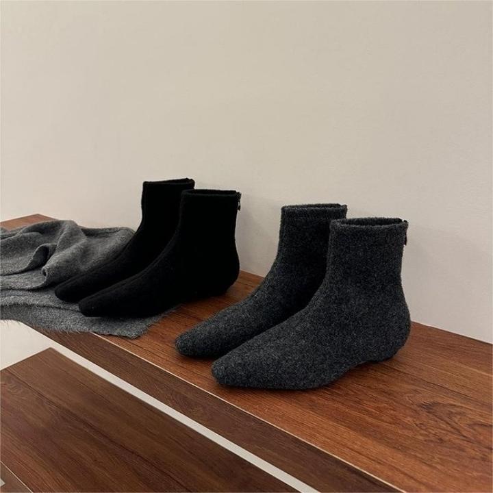 金步康法式低跟灰色加绒保暖瘦瘦靴女秋冬新款棉靴短筒马丁靴洋气