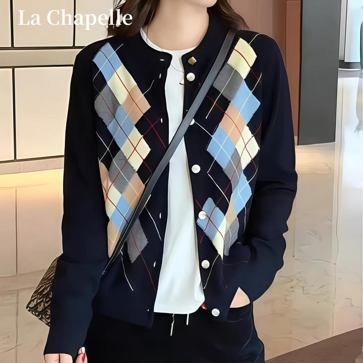 拉夏贝尔秋冬新款小香风圆领针织开衫女时尚设计拼色格子洋气毛衣