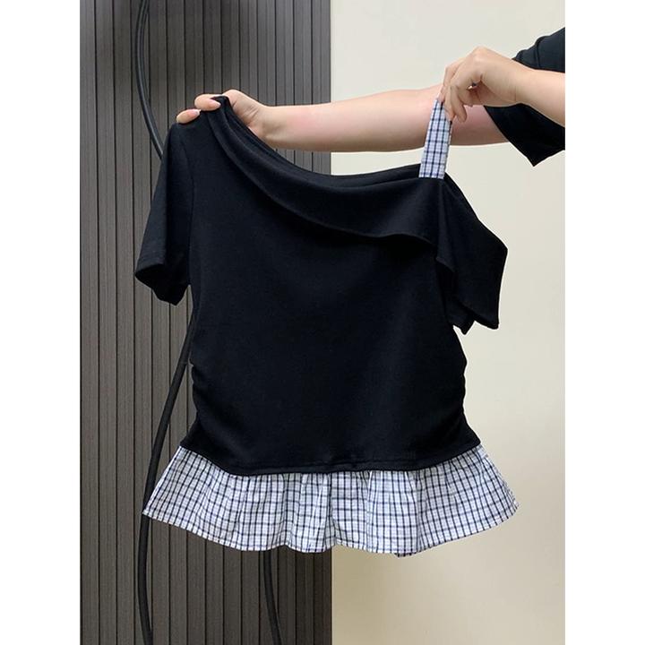 特大码200斤港风chic韩系格子拼接设计感短袖t恤女遮肉斜肩上衣夏