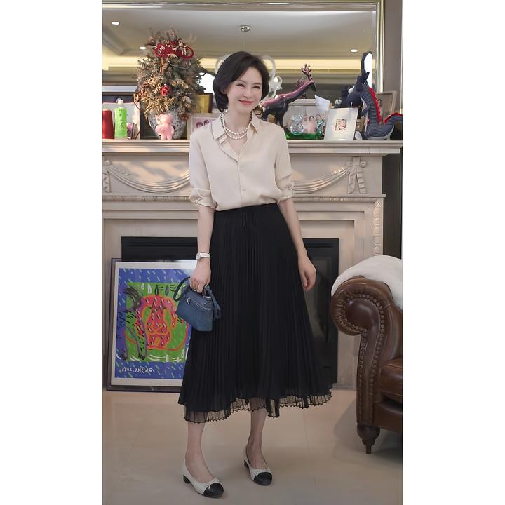 我是摩羯 花瓣裙珍珠雪纺立体压褶抽绳松紧腰夏赫本百褶网纱半裙