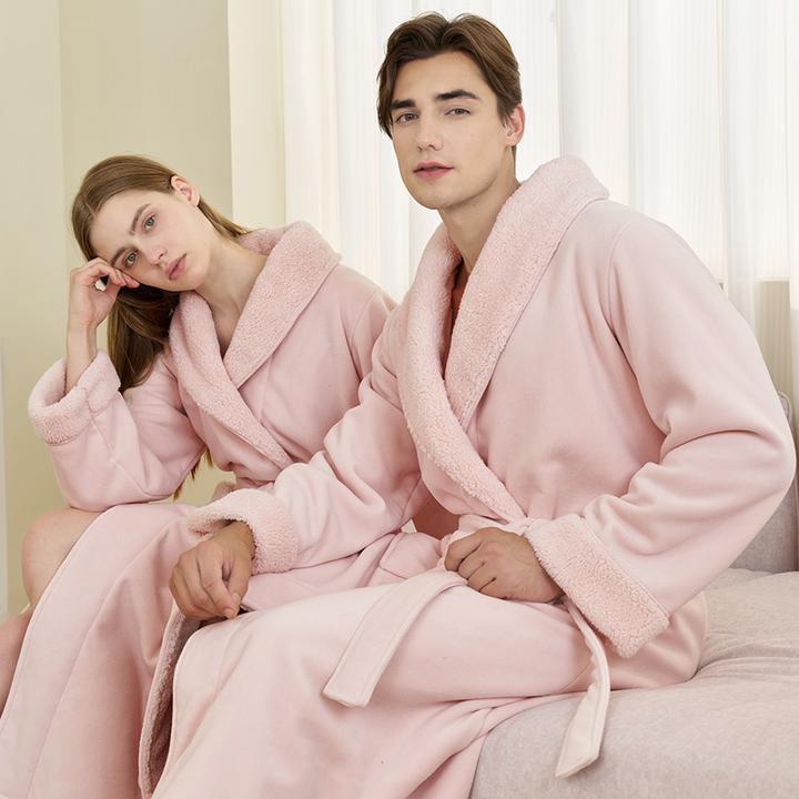 秋冬季加长款法兰绒情侣睡袍男浴袍女加绒加厚双层复合珊瑚绒长袍