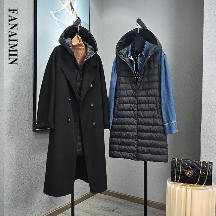 羽绒马夹女连帽白鸭绒保暖内胆中长款外穿时尚洋气大衣内搭背心女