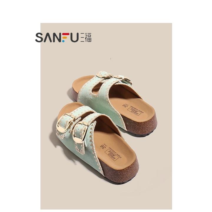 三福真皮2025夏季新款勃肯鞋厚底拖鞋外穿沙滩一字拖小香风沙滩鞋