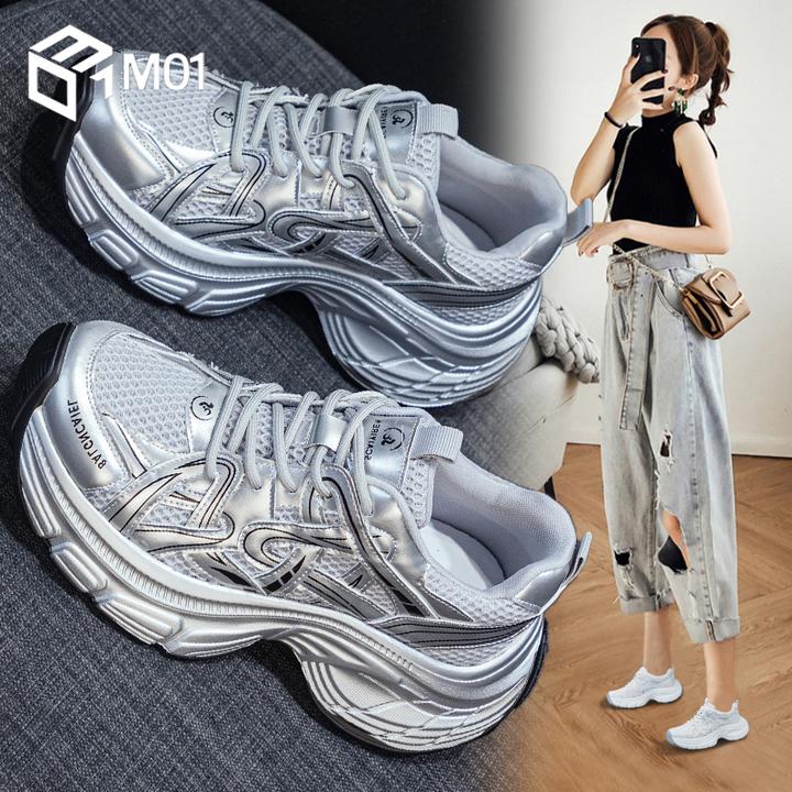 M01增高老爹鞋女秋季新款透气网面超火松糕厚底休闲运动鞋小白