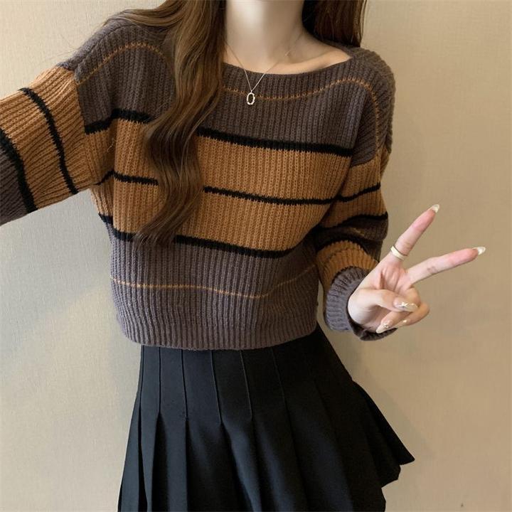 设计感慵懒风长袖针织衫女2024秋季新款撞色套头宽松显瘦短款上衣