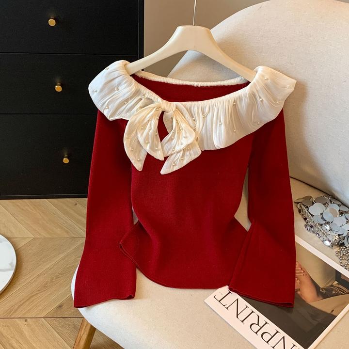 港风复古一字领露肩长袖针织衫女秋冬新款修身显瘦荷叶边内搭上衣