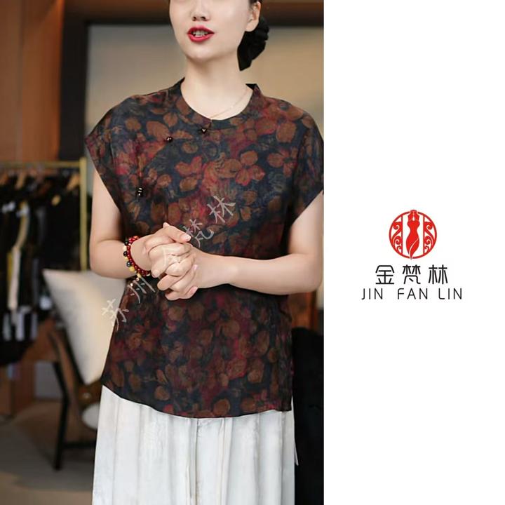 【煮雪烹茶】新中式中国风重缎小碎花斜襟旗袍领小飞袖上衣