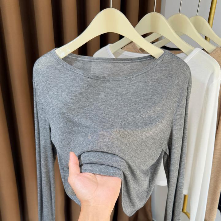 灰色短款针织长袖打底衫女2025新款大圆领t恤薄款防晒微透罩衫女