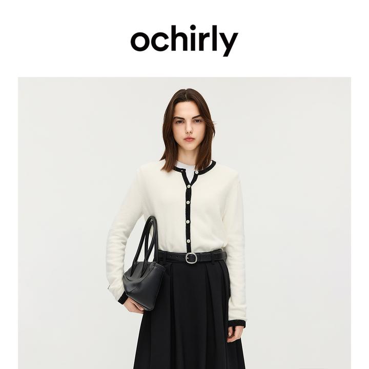 OCHIRLY欧时力 兔绒撞色针织外套女开衫毛衣软糯保暖2025秋季新品