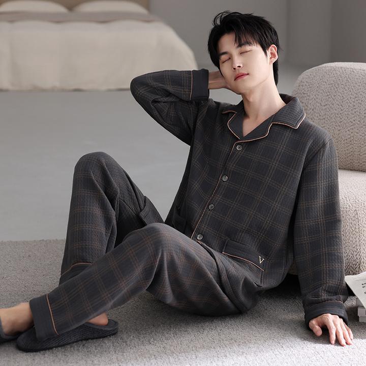 芬腾可安睡衣男士春秋加厚纯棉长袖家居服秋冬季薄夹棉空气棉夹层