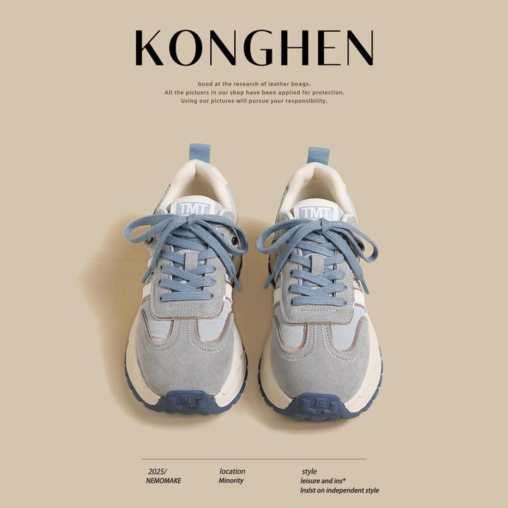 阿甘蓝色运动鞋2025夏款新款潮小个子厚底圆头拼色百搭德训老爹鞋