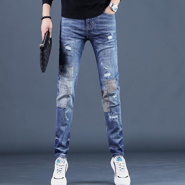 JJ秋季新款男士牛仔裤男款修身直筒韩版潮流欧美潮牌拼接补丁裤子