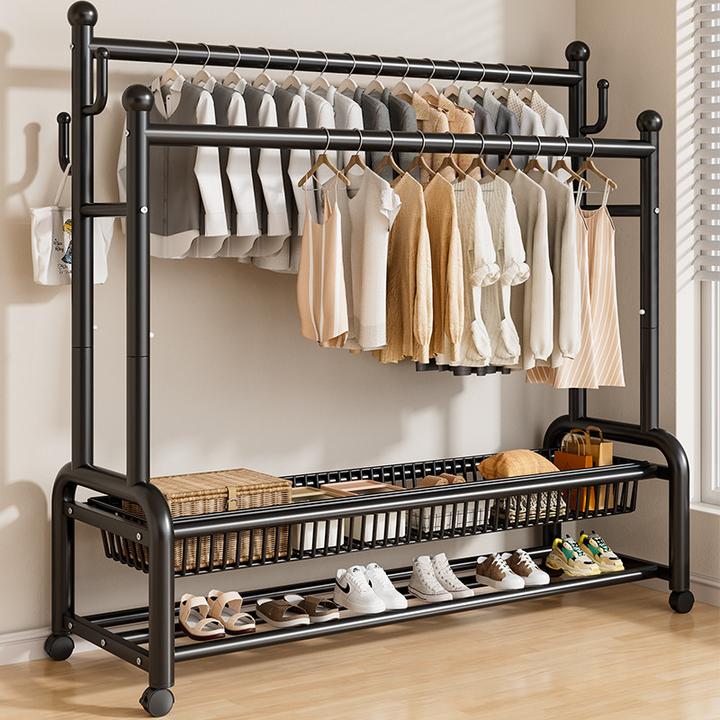 德国卧室家用房间室内双杆万能落地架子不锈钢衣架一杆式晾衣架