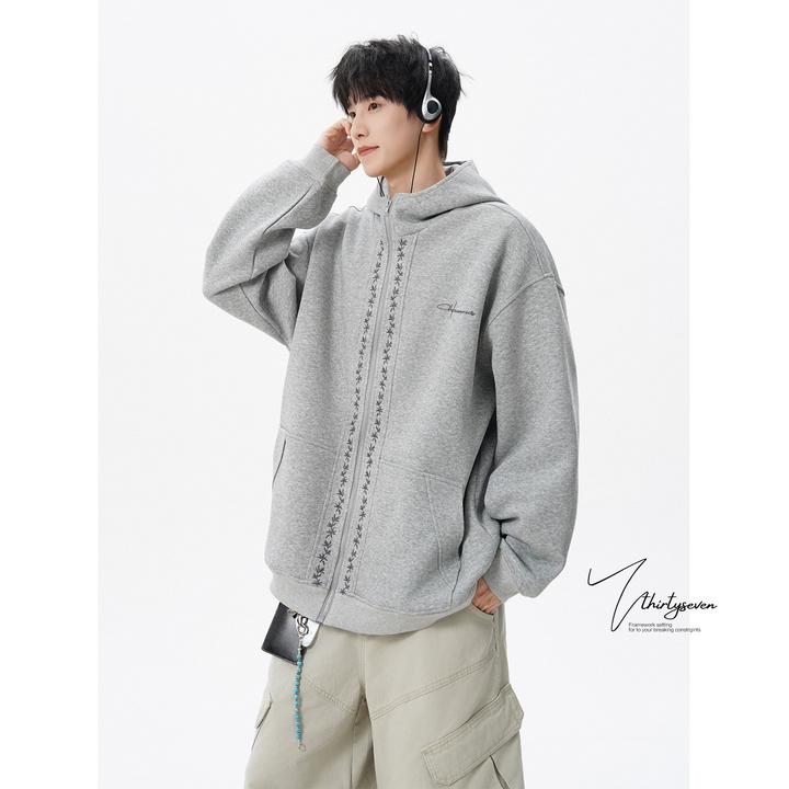V37国潮刺绣灰色连帽夹克男秋美式高街开衫卫衣宽松休闲情侣外套