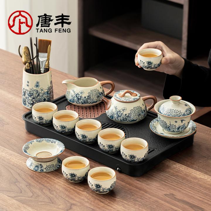 唐丰青花汝窑茶具茶台一整套泡茶专用新中式年轻人家用办公喝茶器
