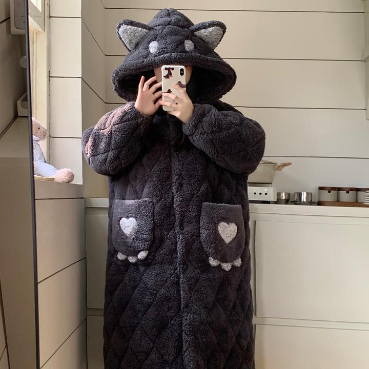 睡袍女冬加厚加绒睡衣2025年新款三层夹棉法兰绒珊瑚绒家居服套装