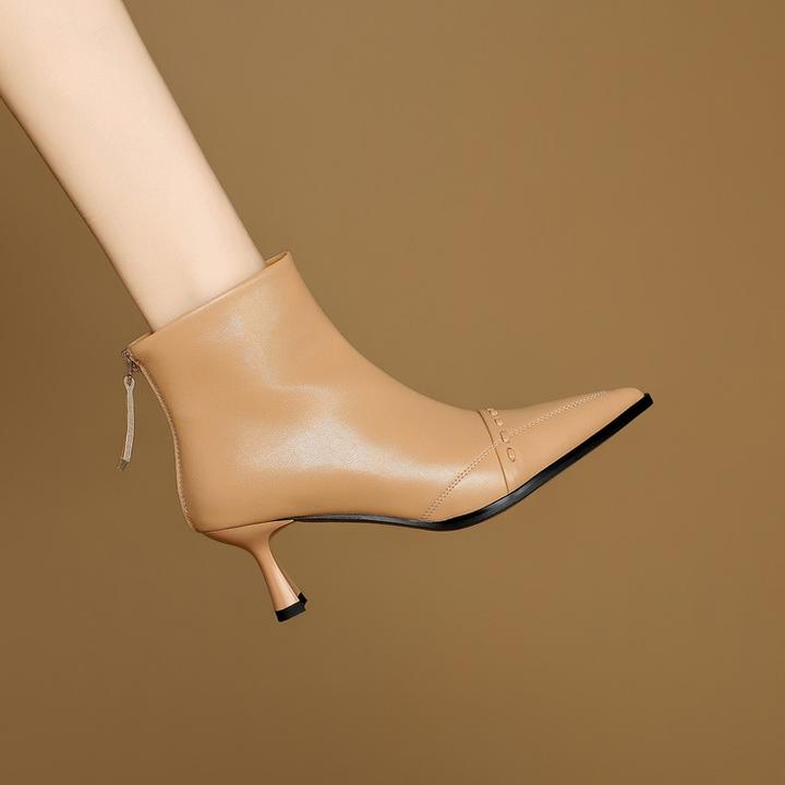 羊皮~6cm成都手工女靴杏色尖头细跟短靴女真皮后拉链瘦瘦靴时装靴